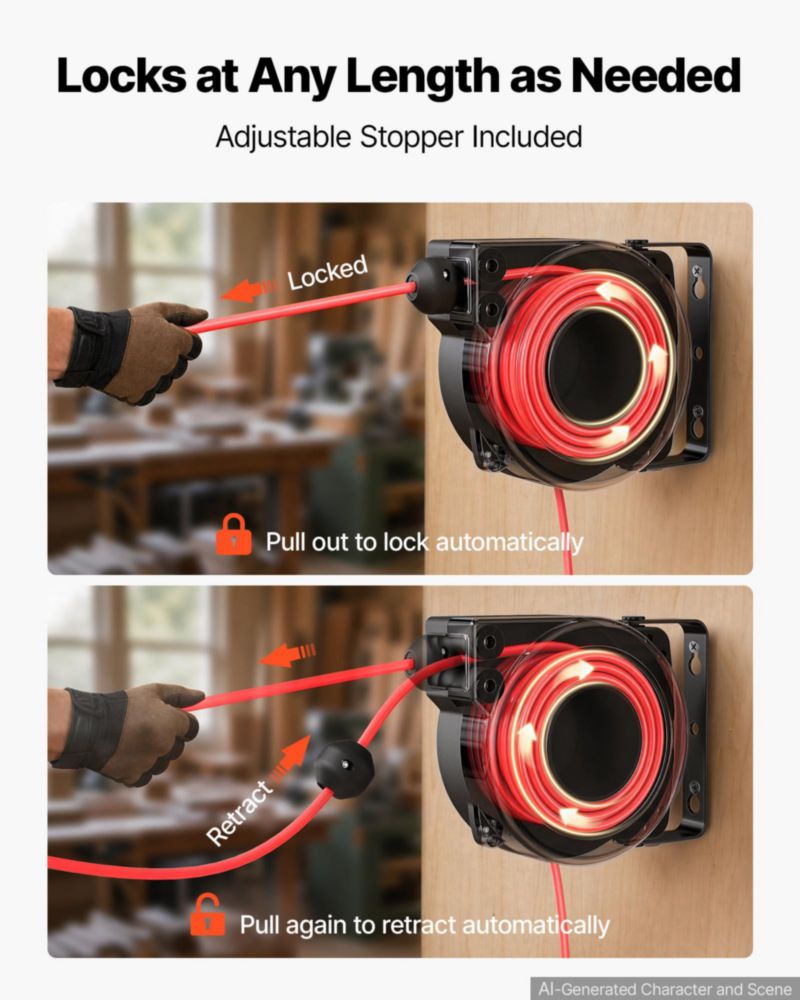 Carrete de cable extensible VEVOR 76 m rojo 14 AWG/3 C 125 V