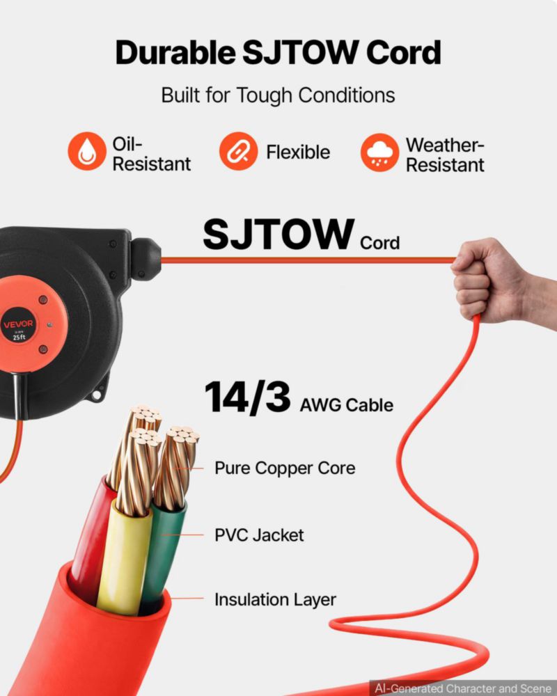 Carrete de cable extensible VEVOR 76 m rojo 14 AWG/3 C 125 V