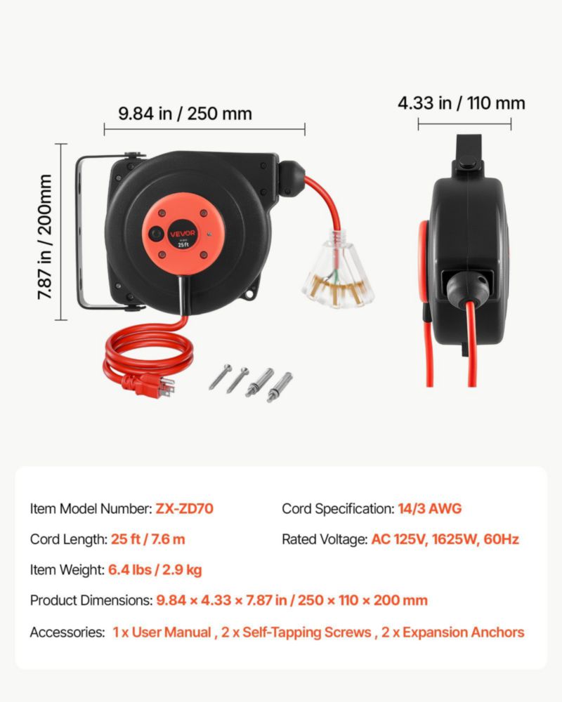 Carrete de cable extensible VEVOR 76 m rojo 14 AWG/3 C 125 V