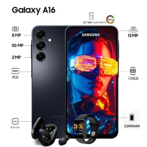 Celular Samsung Galaxy A16 128GB 4GB RAM Dual sim Negro Super AMOLED, 90 Hz con Audífono Bluetooth y Smartwatch