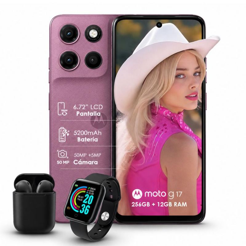 Moto G17 256GB 12GB RAM (4+8) Rosa Dual sim con Smartwatch y Audífonos inalámbricos