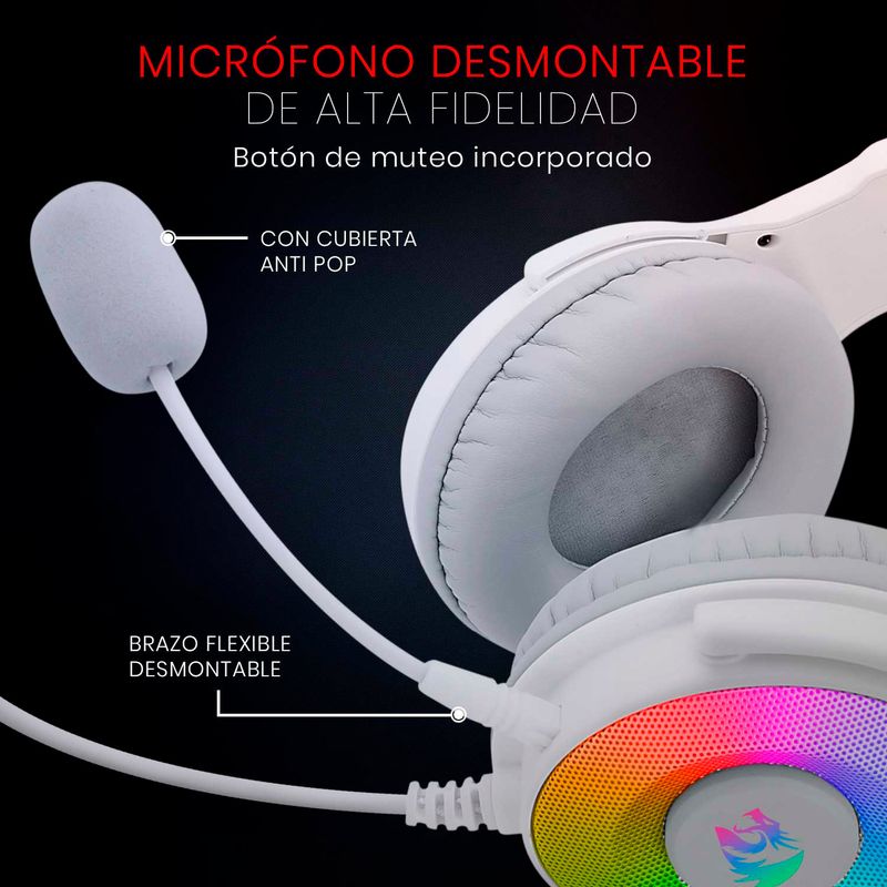 Audífono Gamer Redragon Pandora Blanco RGB Audio 7.1 por USB