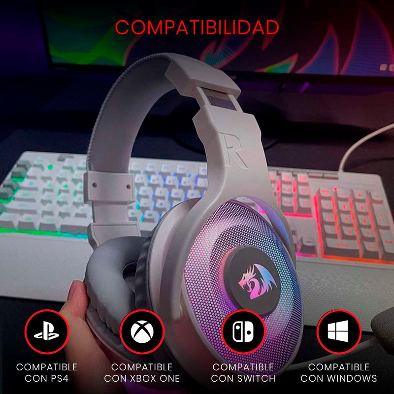 Audífono Gamer Redragon Pandora Blanco RGB Audio 7.1 por USB