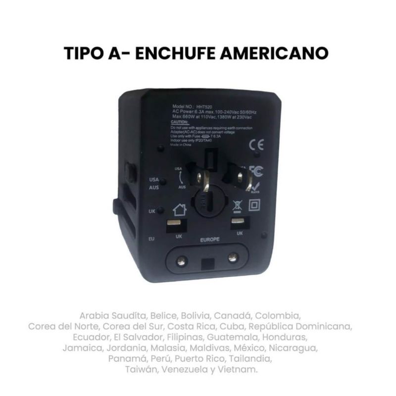 Adaptador de viaje internacional 3 USB+TipoC adaptador universal