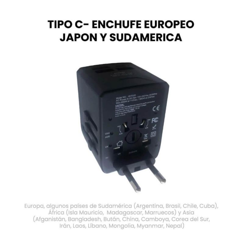 Adaptador de viaje internacional 3 USB+TipoC adaptador universal