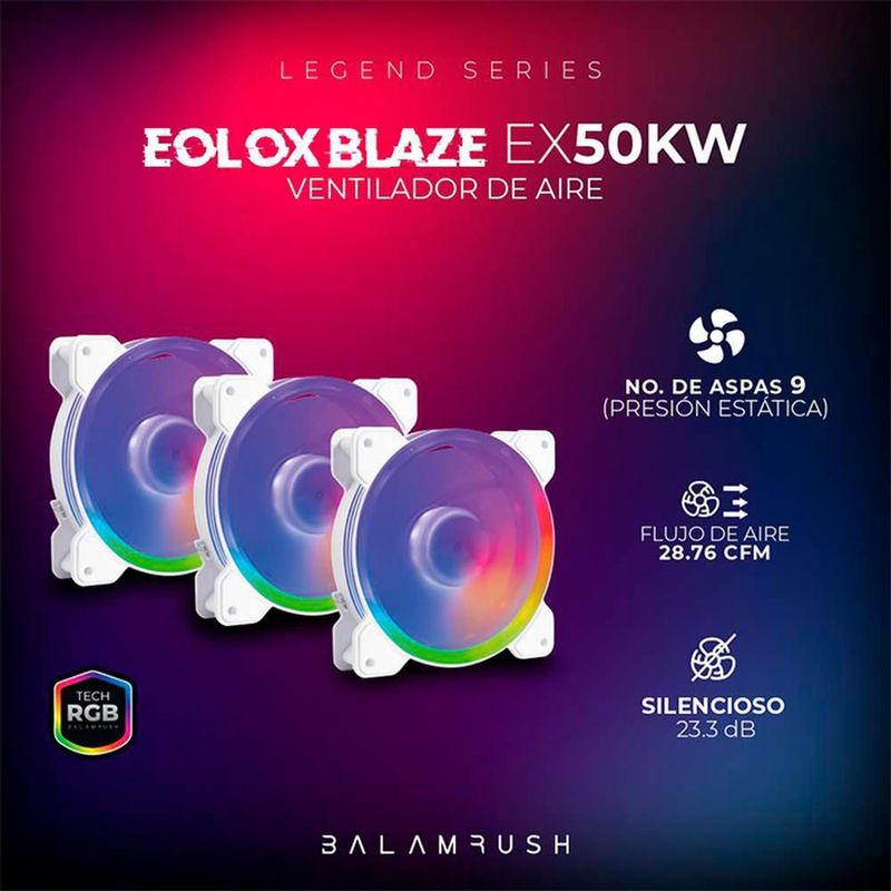 Kit 3 ventiladores gamer balam rush eolox blaze ex50kw 120mm argb 1200rpm blanco