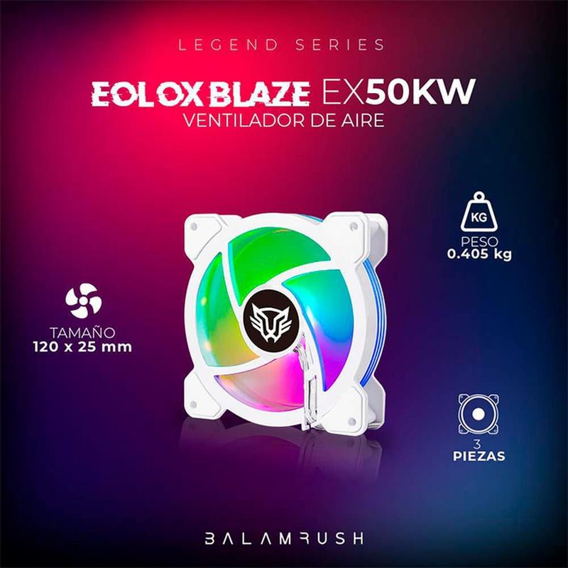 Kit 3 ventiladores gamer balam rush eolox blaze ex50kw 120mm argb 1200rpm blanco