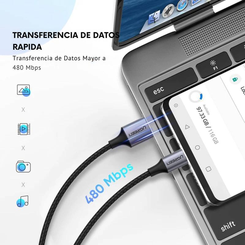 Cable USB-A a Tipo C Ugreen Reforzado con Nylón de 2m Negro