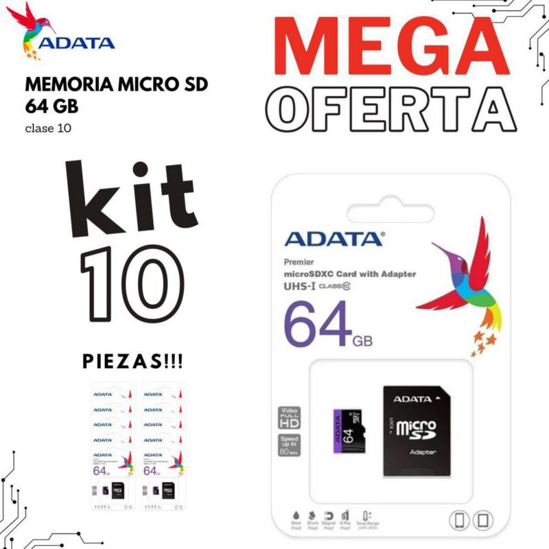Memoria MICRO ADATA SD UHS-I 64GB KIT 10 piezas