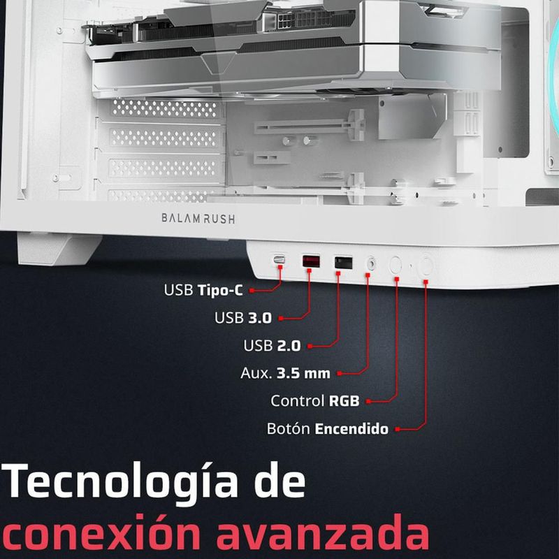 Gabinete balam rush 6800 atx 3 fan argb panel curvo blanco