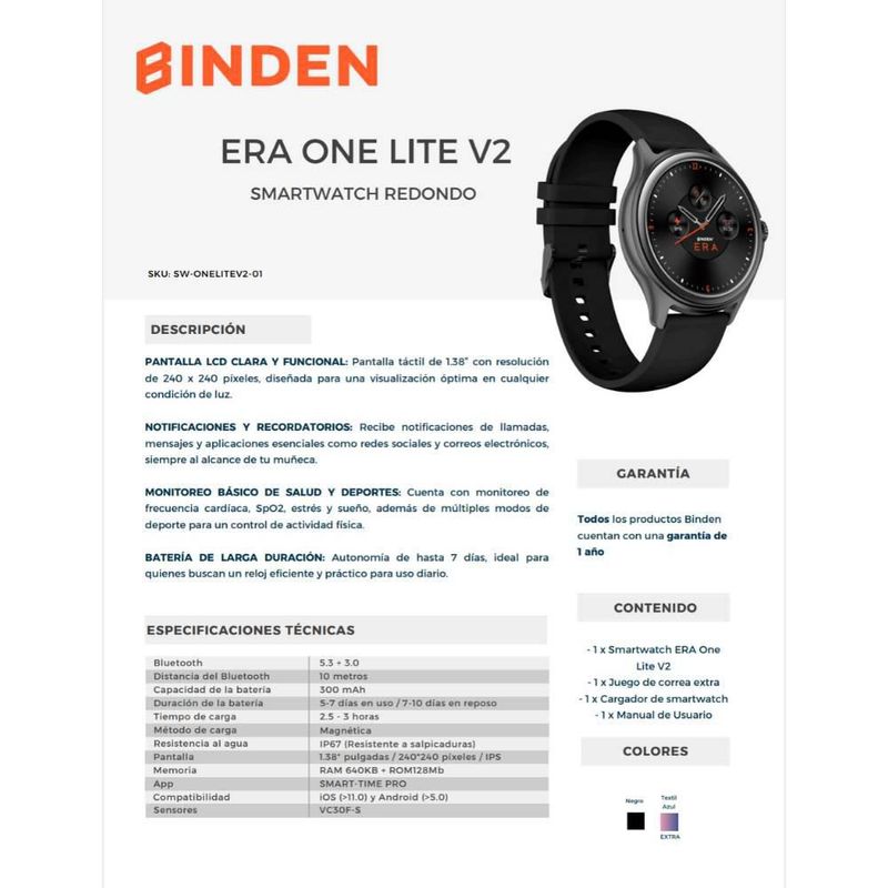 Reloj Smartwatch ERA One Lite V2 BINDEN Realiza Y Contesta Llamadas Negro