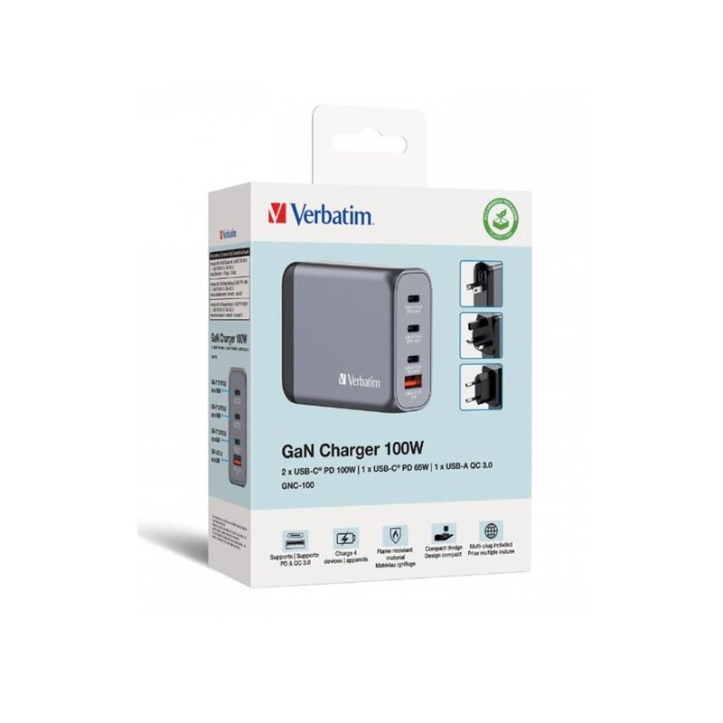 Cargador de Pared Verbatim GaN 100 W 4P
