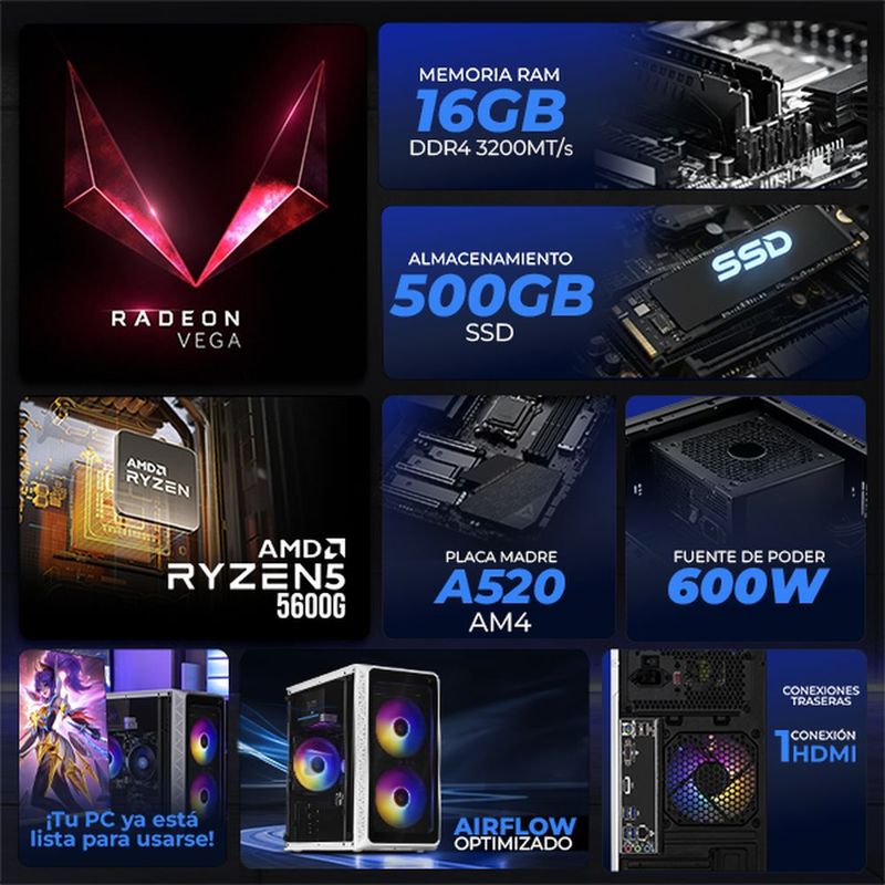 Xtreme pc radeon vega 7 ryzen 5 16gb 500gb monitor 27 wifi
