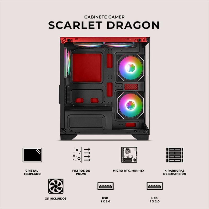 Gabinete xtreme pc scarlet dragon mini torre 5 fan argb rojo
