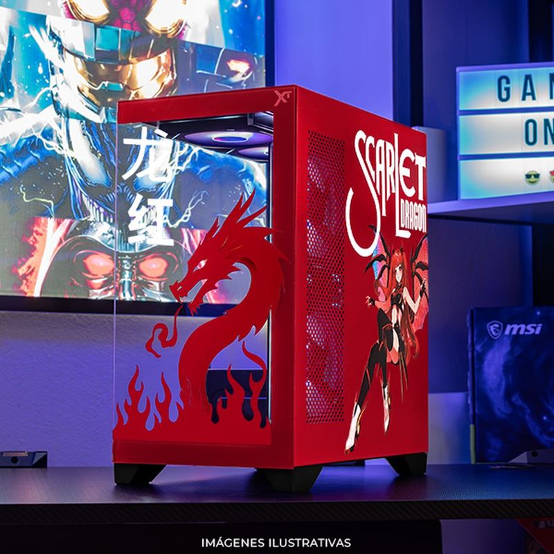 Gabinete xtreme pc scarlet dragon mini torre 5 fan argb rojo