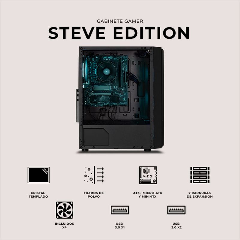 Gabinete xtreme pc gaming steve media torre 4 fan argb negro