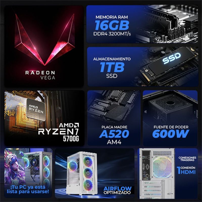 Xtreme pc radeon vega ryzen 7 16gb ssd 1tb monitor 23.8 wh