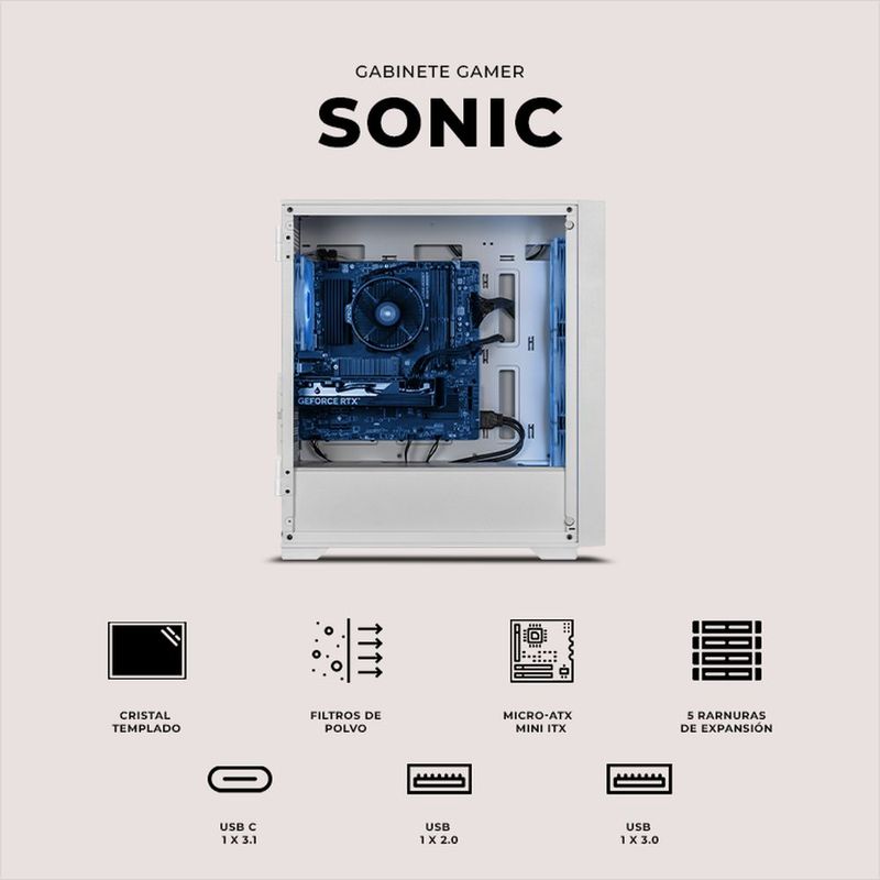 Gabinete xtreme pc gaming sonic edition mini torre 4 fan argb usb-c