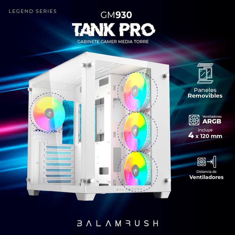 Gabinete gamer balam rush tank pro gm930 atx media torre 4 fan rgb usb 3.0 blanc