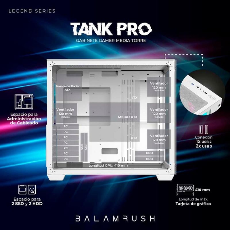 Gabinete gamer balam rush tank pro gm930 atx media torre 4 fan rgb usb 3.0 blanc