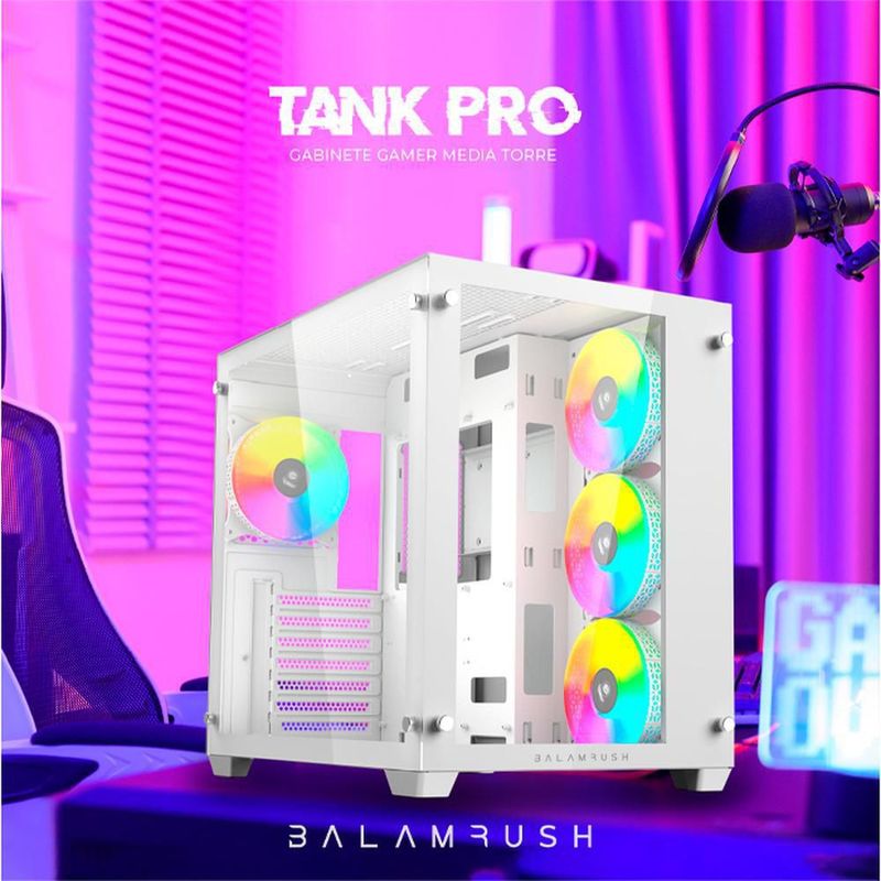 Gabinete gamer balam rush tank pro gm930 atx media torre 4 fan rgb usb 3.0 blanc