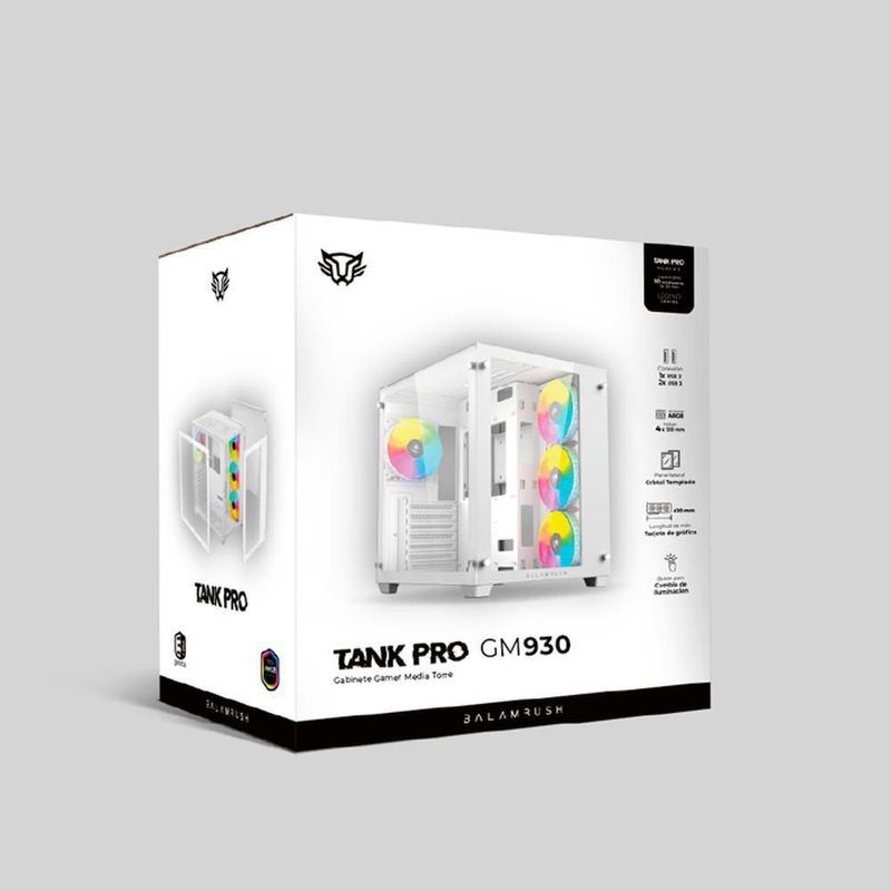 Gabinete gamer balam rush tank pro gm930 atx media torre 4 fan rgb usb 3.0 blanc