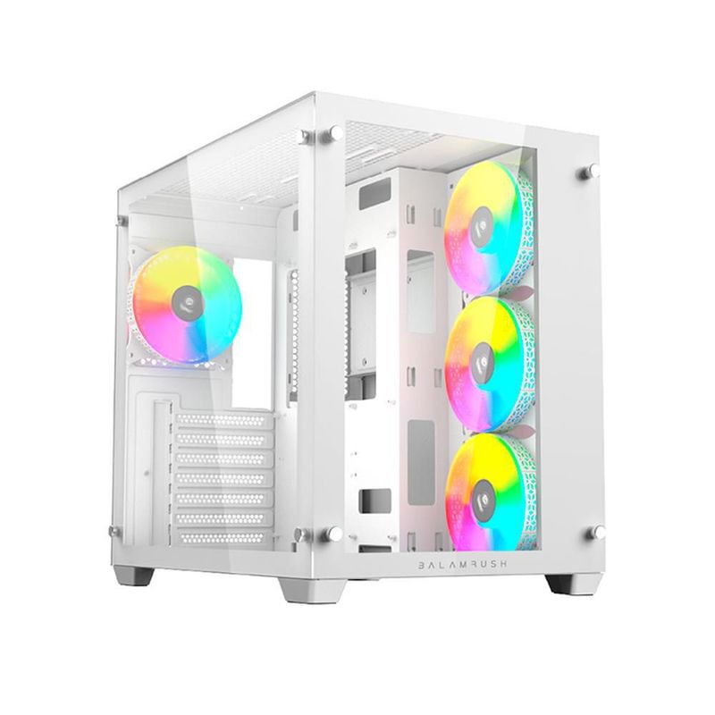Gabinete gamer balam rush tank pro gm930 atx media torre 4 fan rgb usb 3.0 blanc