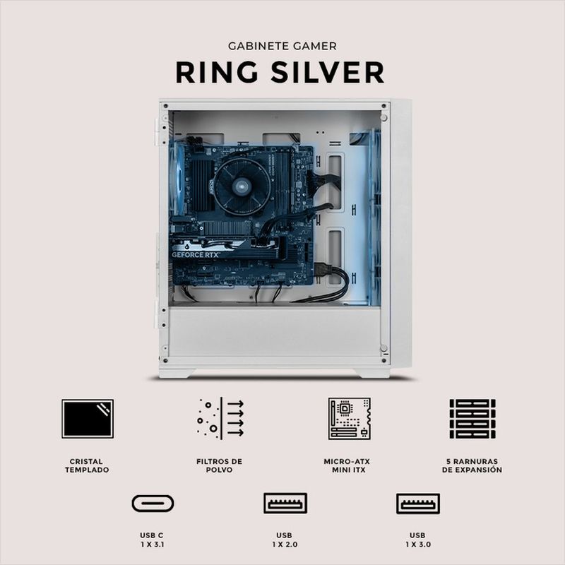 Gabinete xtreme pc gaming sonic silver ring edition mini torre 4 fan