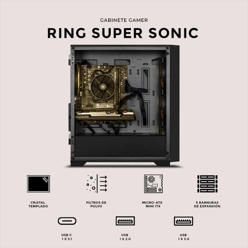 Gabinete xtreme pc gaming sonic super sonic ring mini torre 4 fan