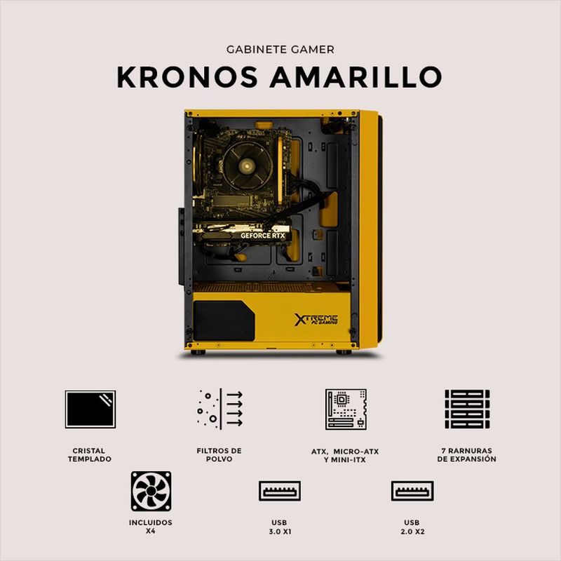 Gabinete xtreme pc gaming kronos media torre 4 fan argb amarillo