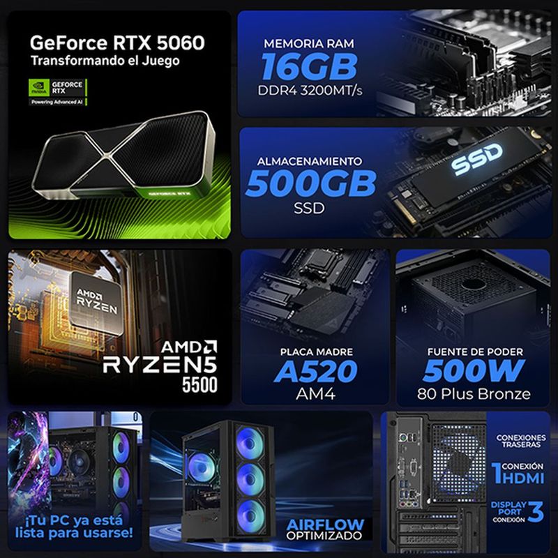 Xtreme pc rtx 5060 ryzen 5 16gb ssd 500gb monitor 23.8 black