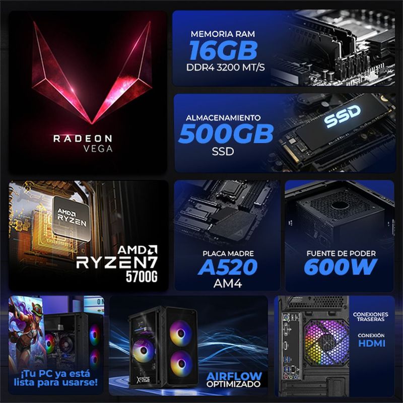 Xtreme pc radeon vega ryzen 7 16gb ssd 500gb monitor 23.8 bk