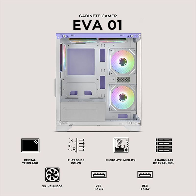 Gabinete xtreme pc eva 01 mini torre 5 fan argb hub lila