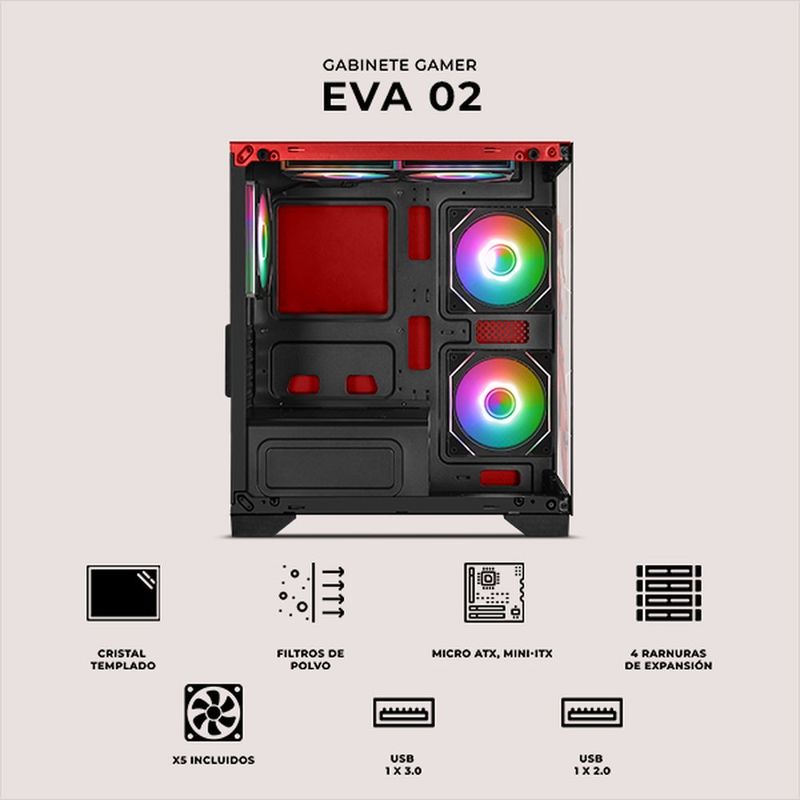 Gabinete xtreme pc eva 02 mini torre 5 fan argb hub rojo