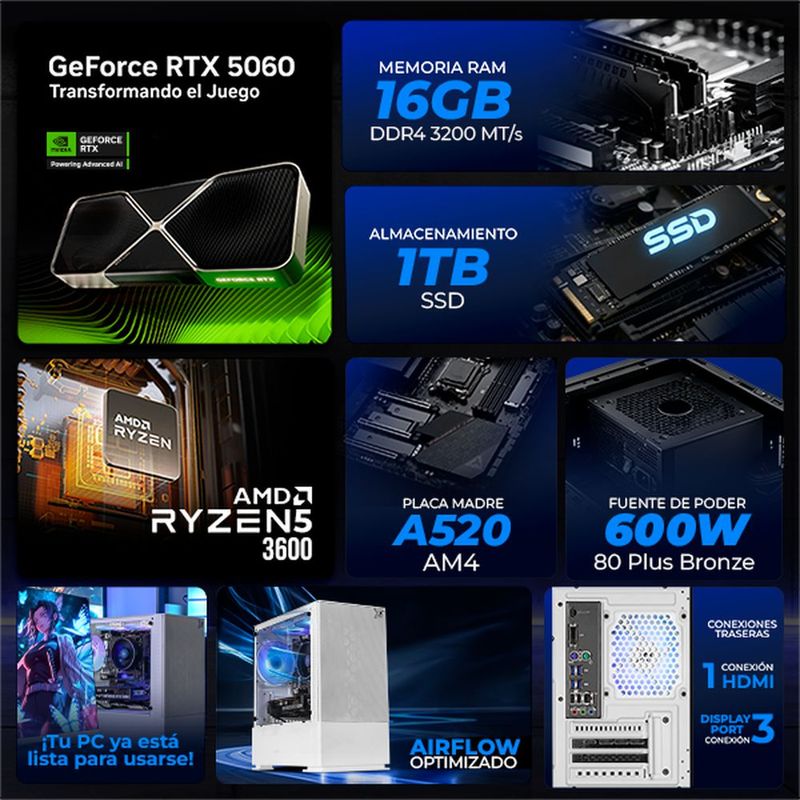Xtreme pc gaming rtx 5060 ryzen 5 16gb ssd 1tb wifi white