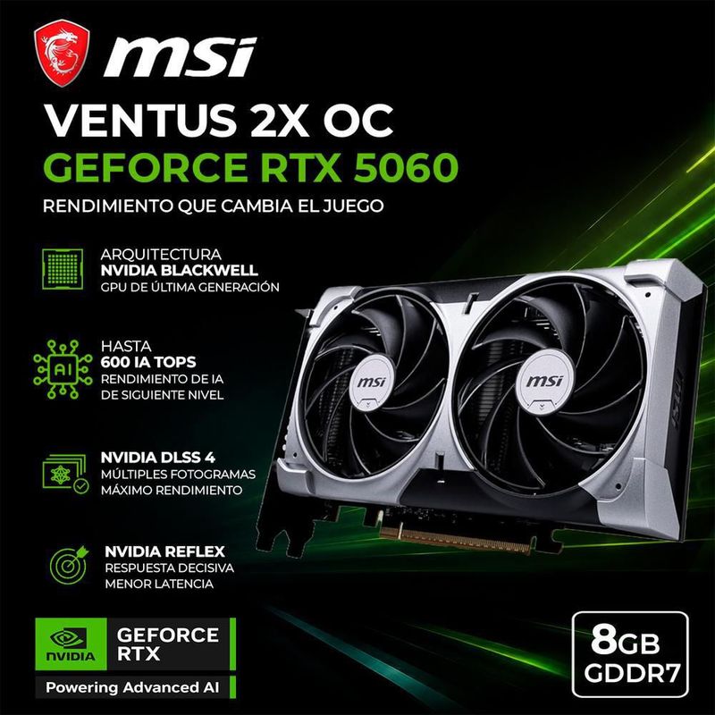 Tarjeta de video msi geforce rtx 5060 ventus 2x oc 8gb gddr7