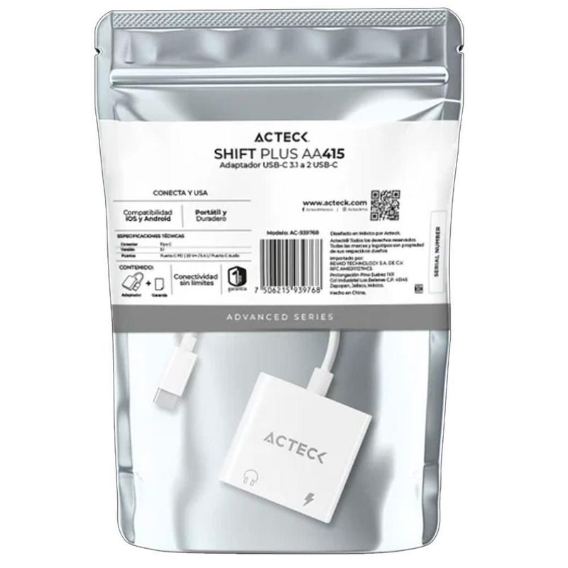 Adaptador acteck aa415 usb-c 3.1 a 2x usb-c blanco ac-939768