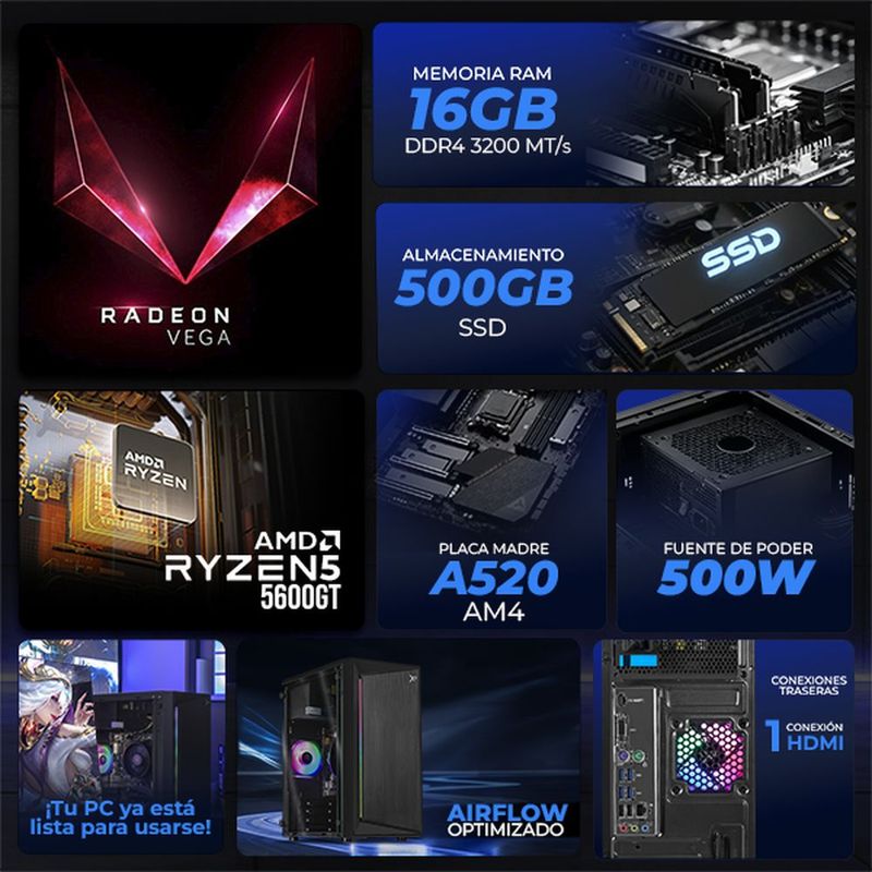 Xtreme pc radeon vega ryzen 5 16gb 500gb monitor 23.8 black