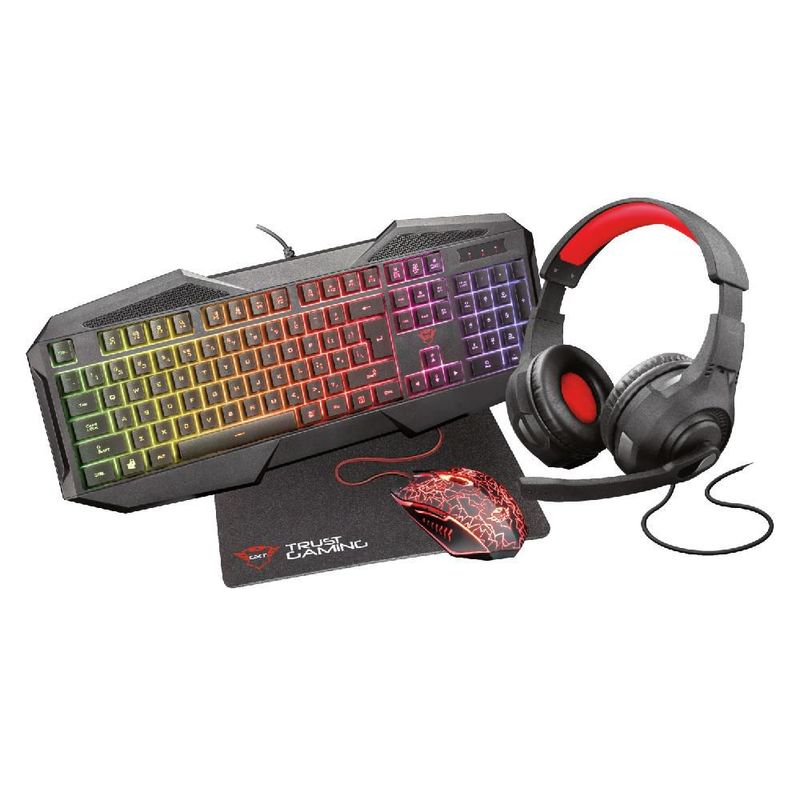 Kit Gamer Trust GXT 1180RW 4 en 1 Teclado RGB + Mouse 2400 DPI + Headset con Micrófono + Alfombrilla para PC y Consola