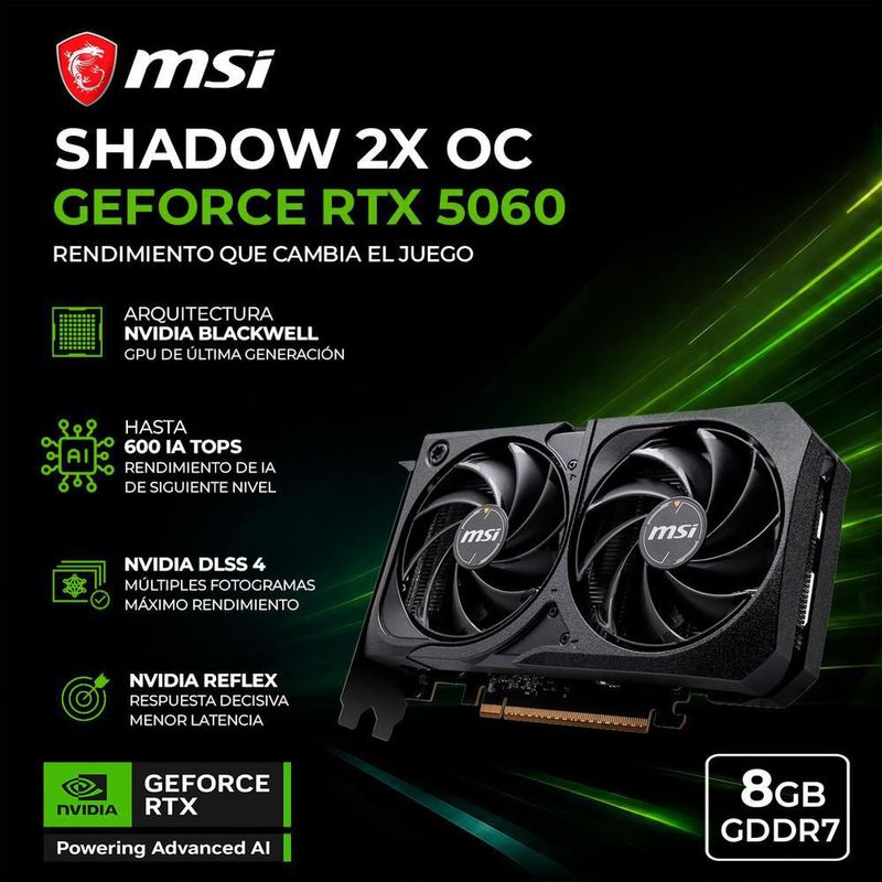 Tarjeta de video msi geforce rtx 5060 8g shadow 2x oc gddr7