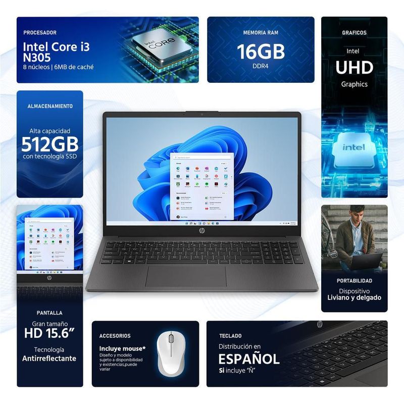 Laptop hp 250 g10 core i3 n305 16gb ssd 512gb 15.6 + mouse