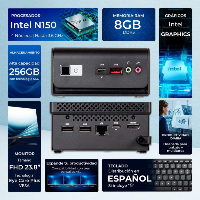 Computadora asus nuc essential intel n150 8gb 256gb monitor