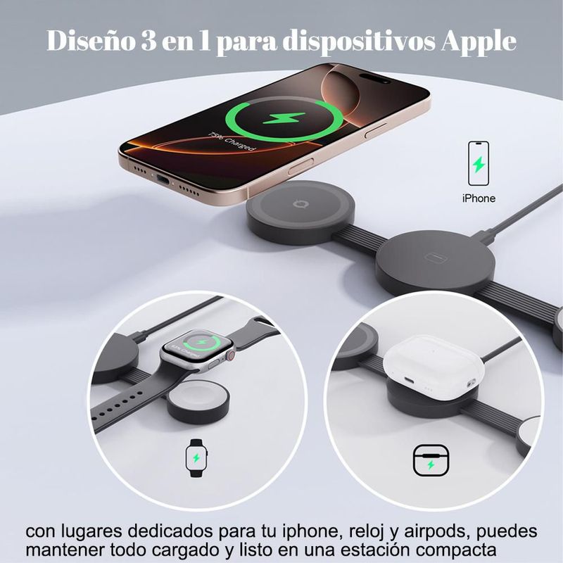 Cargador de escritorio 3 en 1 plegable, cargador inalámbrico magnético, compacto, adecuado para teléfonos de Apple.HOGAWAY