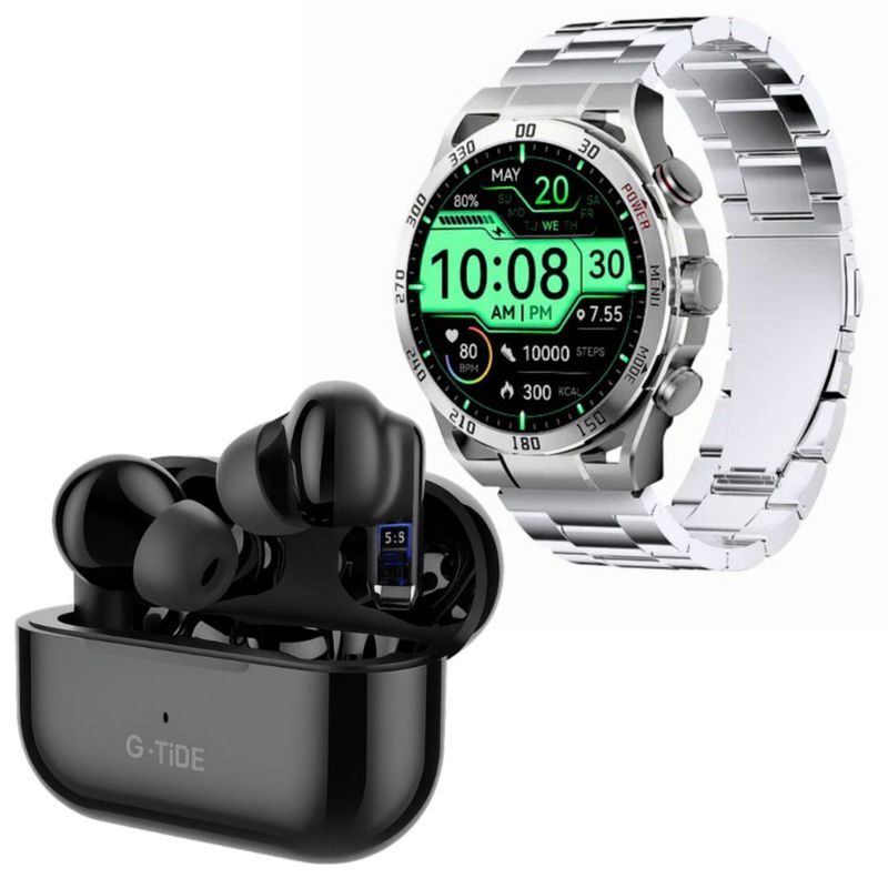 Audífonos G-Tide L22 Negro con Smartwatch Filwans GTR Plata