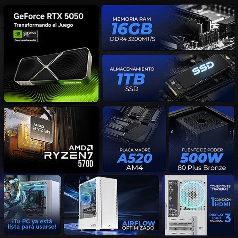 Xtreme pc gaming rtx 5050 ryzen 7 16gb ssd 1tb wifi white