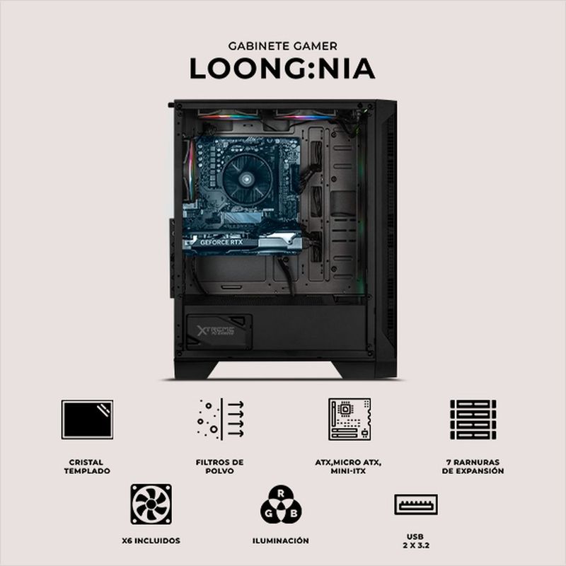 Gabinete xtreme pc loong:nia media torre 6 fan rgb negro