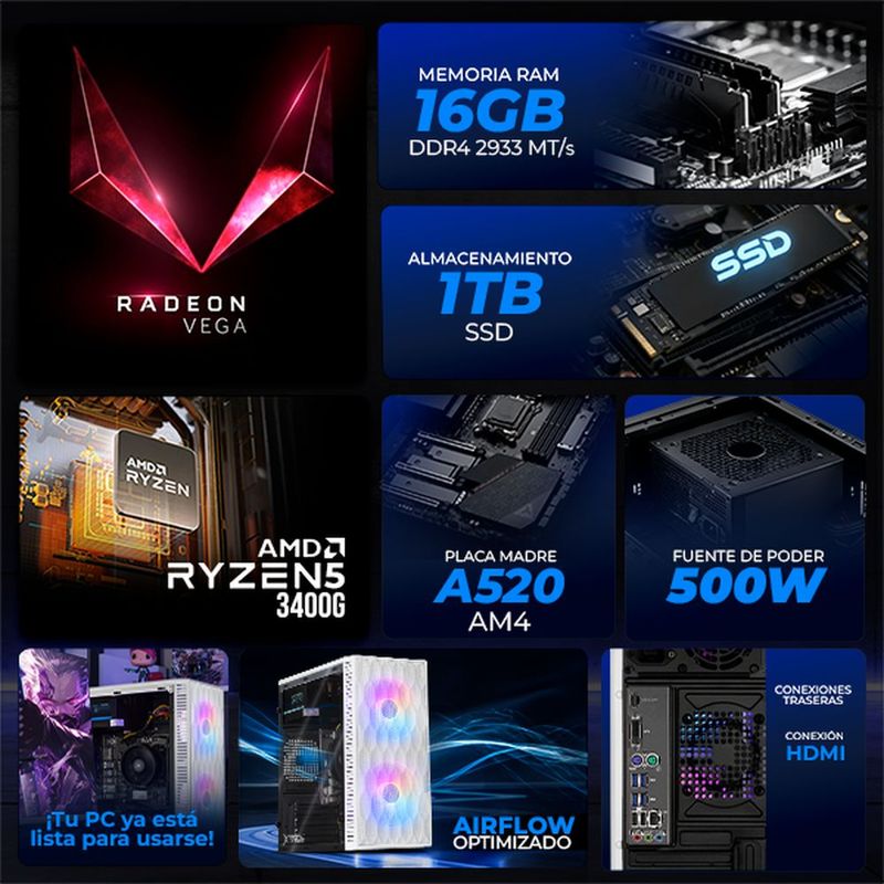Xtreme pc gaming vega 11 ryzen 5 16gb ssd 1tb wifi white