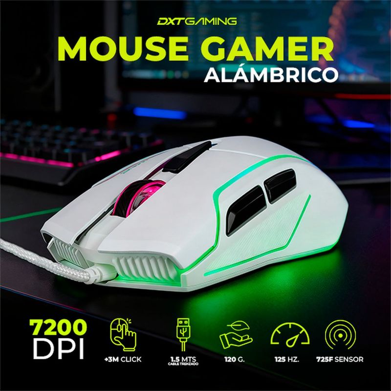 Mouse dxt gaming grip rgb 6 botones 7200 dpi alambrico usb