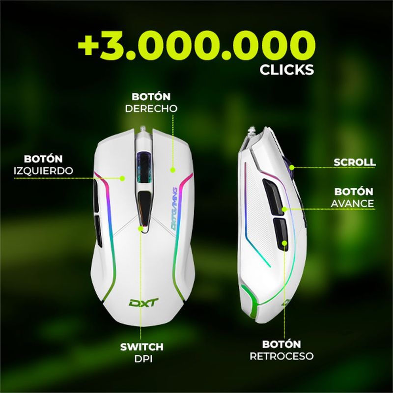 Mouse dxt gaming grip rgb 6 botones 7200 dpi alambrico usb