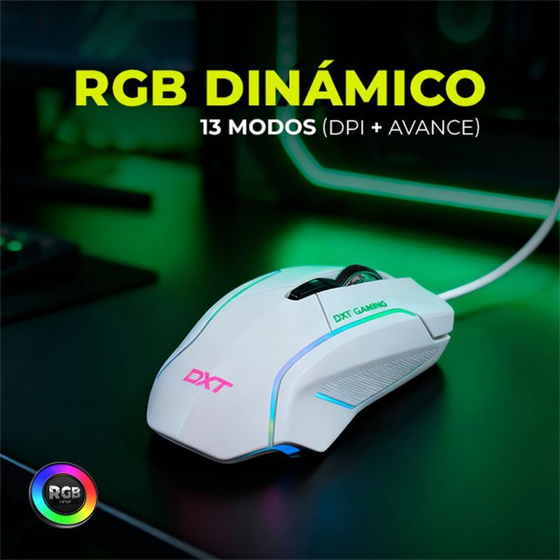 Mouse dxt gaming grip rgb 6 botones 7200 dpi alambrico usb